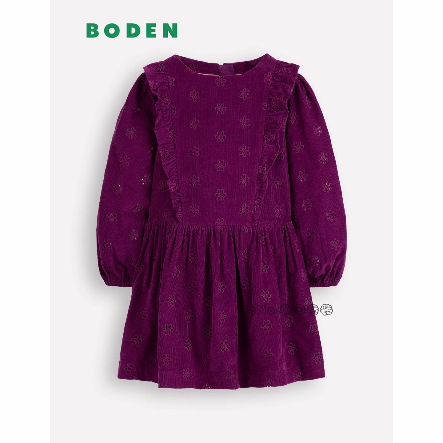 英国Mini Boden女童紫红色灯芯绒刺绣长袖连衣裙纯棉2-12岁G5663