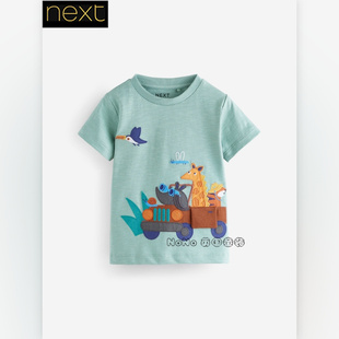 E26 英国Next正品 T恤运动衫 儿童纯棉蓝色贴布刺绣小鹿短袖 079 代购