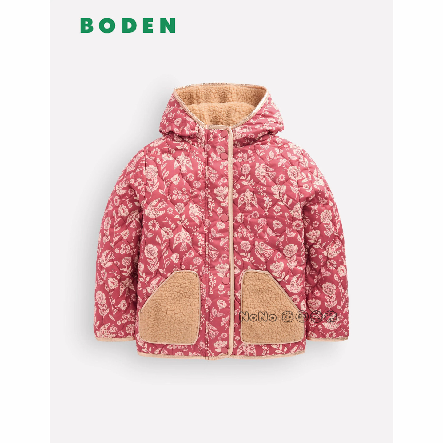 英国Mini BODEN女童粉色小鸟碎花外套毛加厚棉服棉衣2-12岁G6081
