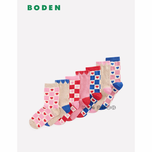 代购英国Mini Boden女童粉红蓝色格子爱心棉质袜子7双新款C1649