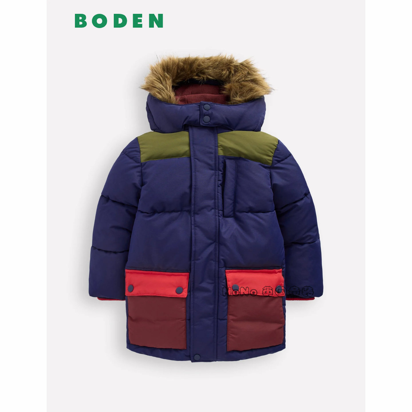英国Mini BODEN男童棕蓝拼色长款外套棉服连帽棉衣2-14岁B3078