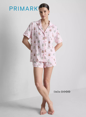 英国Primark女款成人大童粉色小熊短袖家居服睡衣裤新款柔软开衫