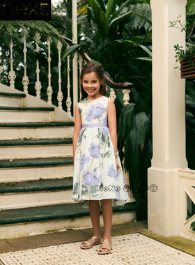 英国Next正品代购女中大童紫色花朵连衣裙纯棉蝴蝶结礼服AT9-446