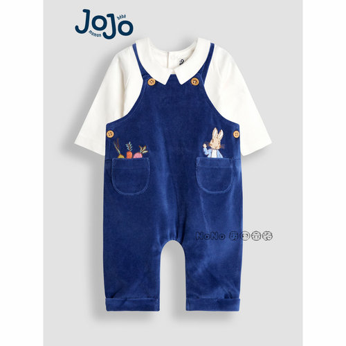 英国JOJO Maman Bebe婴儿丝绒兔子背带裤包屁衣纯棉套装H14-554