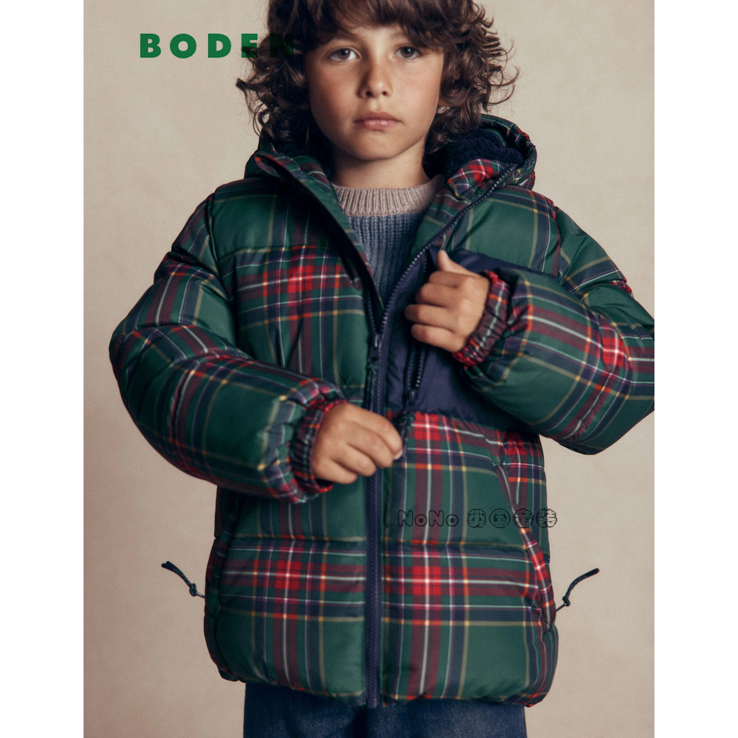 英国Mini BODEN男童绿色格子防雨雪外套棉服加厚棉衣2-12岁B3317