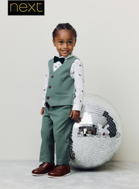 英国Next男童绿色恐龙衬衫礼服马甲领结长裤演出生日套装AN3-602