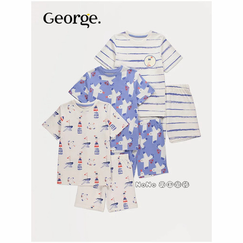 英国乔治George儿童蓝白色海鸥条纹短袖家居服睡衣裤纯棉1425545