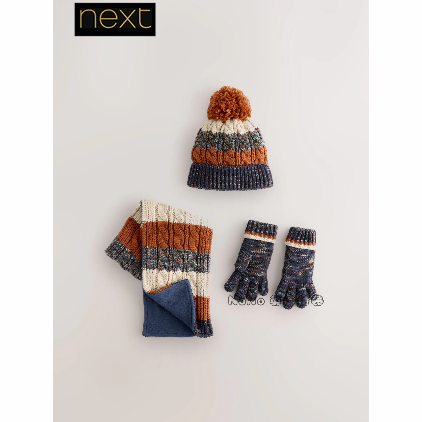 英国Next男童亲子蓝咖白条纹帽子围巾手套保暖毛线3-16岁F32-301