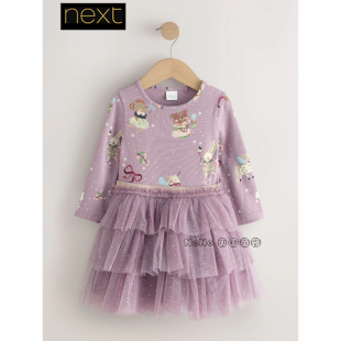 英国Next女童紫灰色小熊独角兽tutu长袖连衣裙1-7岁新款K84-906