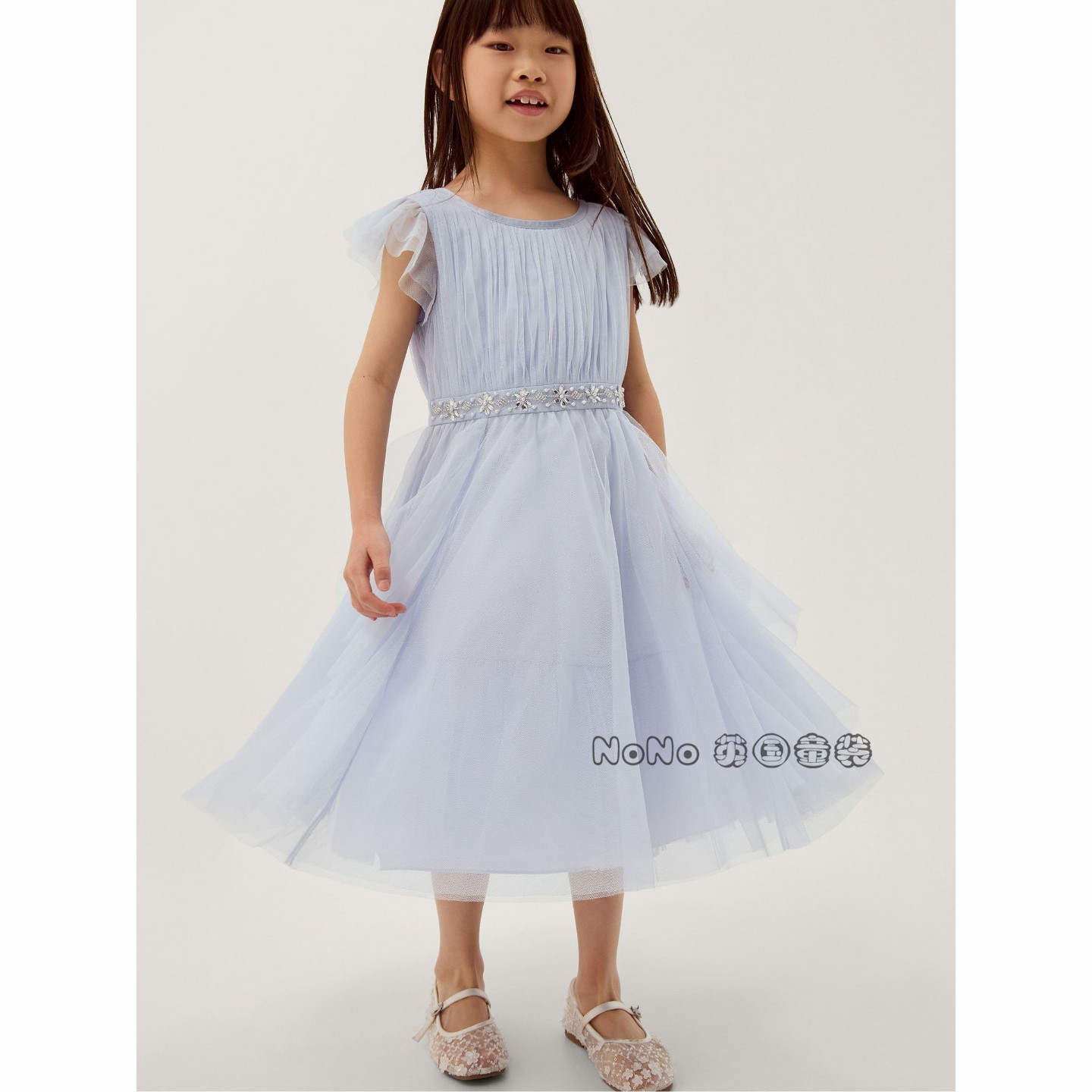 英国Monsoon正品女大童蓝色网纱礼服演出连衣裙3-13岁新款T80-040