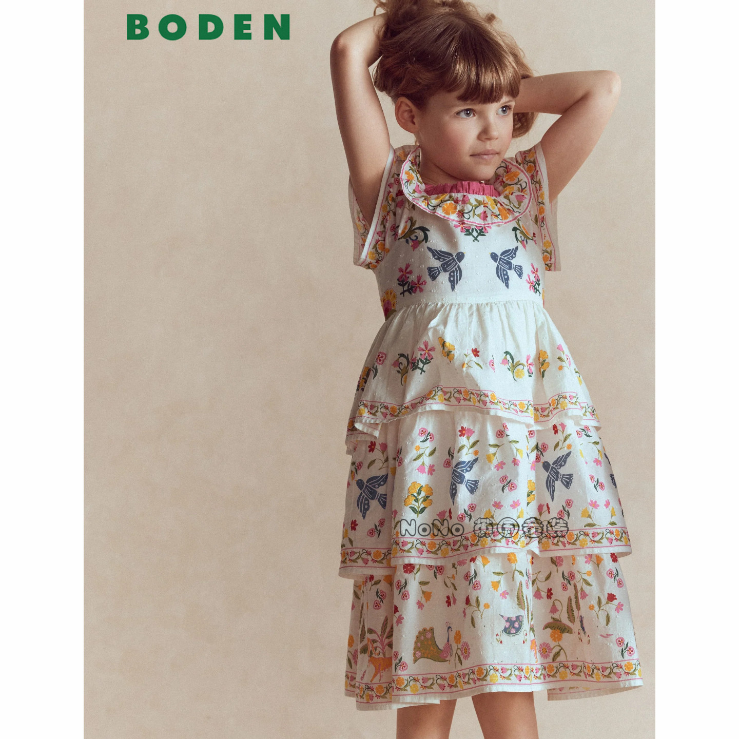 英国Mini Boden女童小鸟碎花印花短袖连衣裙全棉新款2-12岁G6013