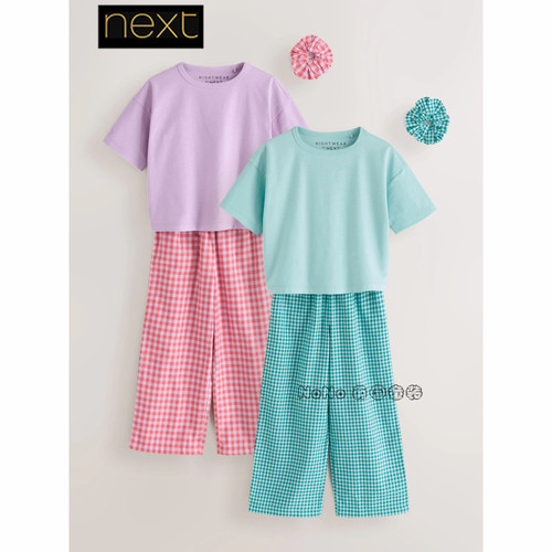 英国Next女大童粉绿色格子短袖T恤家居服睡衣长裤3-16岁G96-470