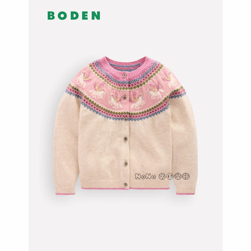 英国Mini BODEN女童粉白色独角兽费尔岛毛衣针织开衫2-12岁G5530