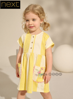 英国Next正品代购女童黄色条纹刺绣花朵连衣裙纯棉短袖AG9-776