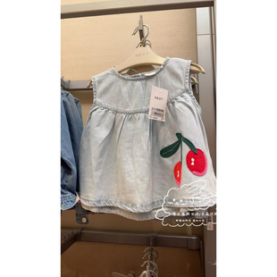 现货英国Next正品女童蓝色牛仔樱桃贴布短袖T恤短裤套装AC9-259