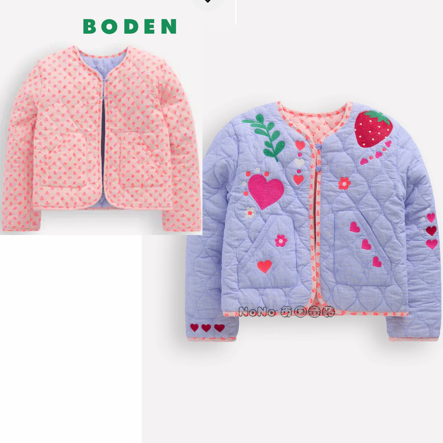 英国Mini BODEN女童粉蓝色草莓棉服外套双面穿夹克2-12岁G5929