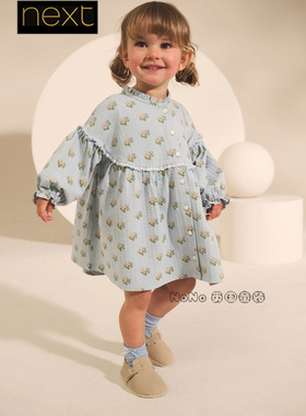 英国Next代购女童蓝色小碎花泡泡袖长袖纯棉连衣裙1-7岁AP9-489