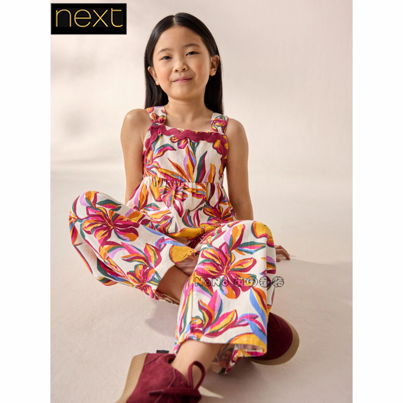 英国Next正品代购女大童亲子柠檬印花刺绣T恤吊带长裤套装AB1-559