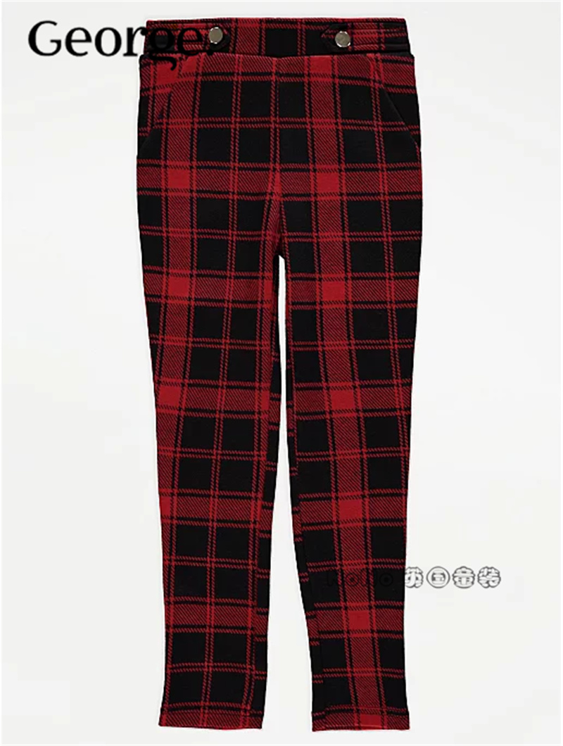 现货英国乔治George女童大童黑红色格子打底裤运动长裤1072143