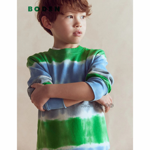 英国Mini Boden男童蓝绿色扎染条卫衣运动衫全棉新款2-14岁B3044