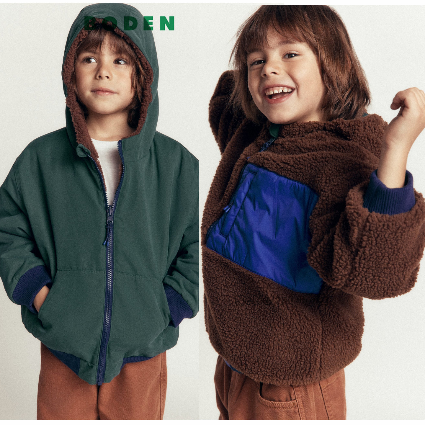 英国Mini Boden男童棕绿色卫衣运动衫加厚毛反双面穿2-14岁B3299