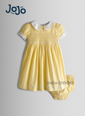 英国JoJo Maman Bebe女童黄色碎花打揽刺绣翻领全棉连衣裙V00-499