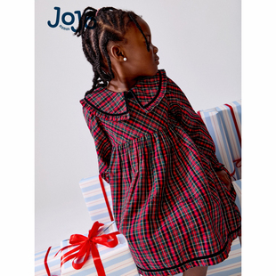 英国JoJo Maman Bebe女童新年红色格子翻领长袖连衣裙新款650-706