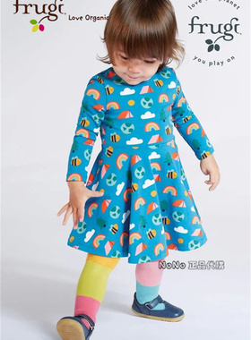 现货英国Frugi有机棉女童蓝色彩虹蜜蜂连衣裙长袖纯棉卡通267-352
