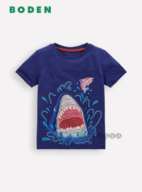 代购英国Mini BODEN正品男童蓝色鲨鱼刺绣短袖T恤全棉2-12岁B3026
