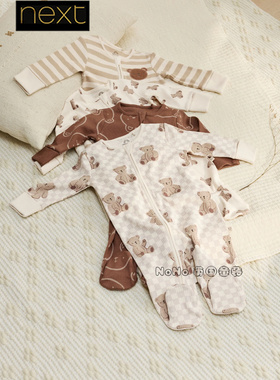 英国Next代购婴新生儿卡其咖色小熊连体睡衣长爬纯棉包脚AW3-055