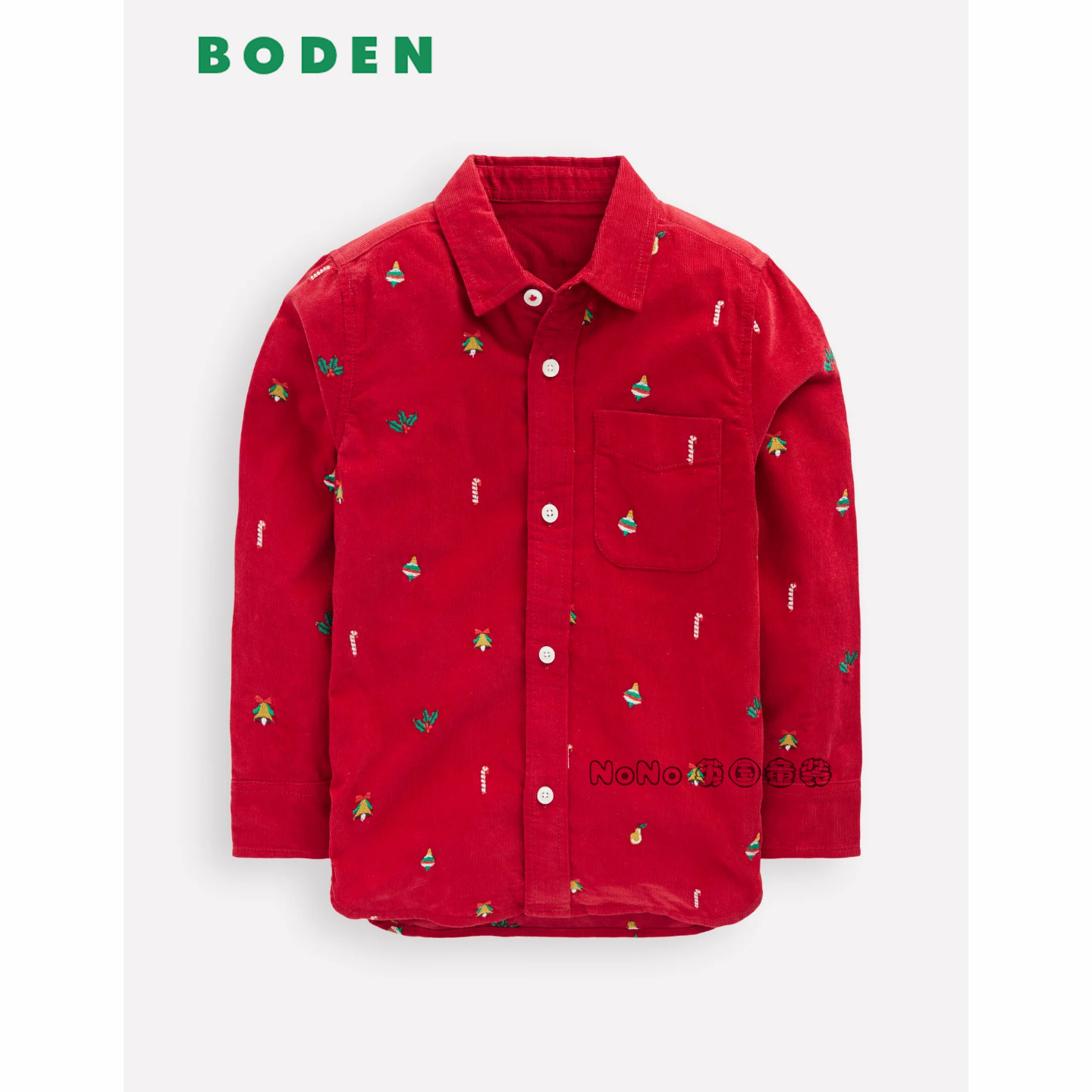 英国Mini BODEN男童圣诞刺绣红色灯芯绒衬衫长袖衬衣2-10岁B3131