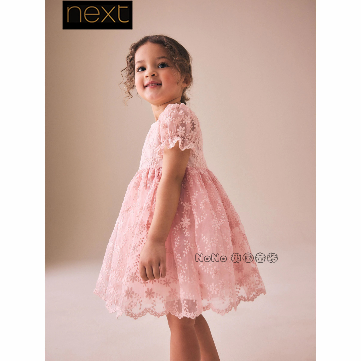 英国Next正品女童粉色花朵刺绣内衬全棉连衣裙1-8岁新款V02-792
