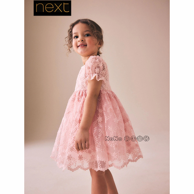 英国Next正品女童粉色花朵刺绣内衬全棉连衣裙1-8岁新款V02-792