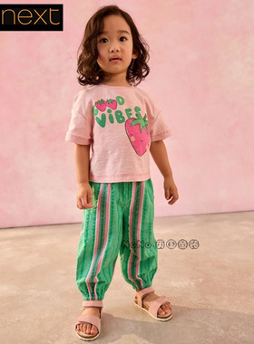 英国Next正品代购女童粉绿条纹草莓短袖T恤休闲裤纯棉套装AD6-363