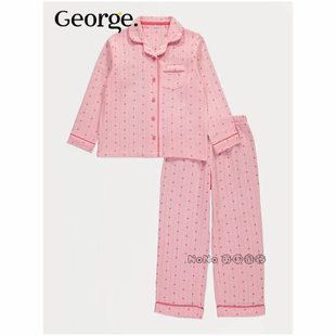 英国乔治George女大童款粉红色爱心长袖家居服睡衣裤全棉1362421