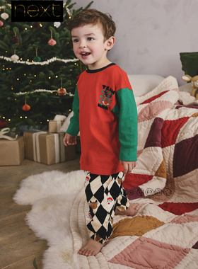 英国Next儿童红绿色驯鹿菱形格圣诞家居服睡衣裤1-12岁F75-818