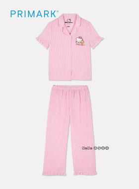 代购英国Primark女大童粉色KITTY开衫条纹短袖家居服睡衣长裤