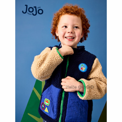 英国JoJo Maman Bebe男童蓝白拼色狐狸毛绒外套绒衣6-7岁F49-221