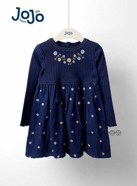 英国JoJo Maman Bebe女童蓝色花朵刺绣长袖连衣裙棉1-7岁F89-482