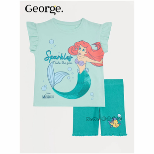 代购英国乔治George女童绿色美人鱼公主T恤骑行短裤子套装1382026