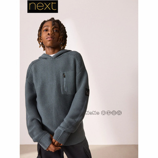 英国Next正品代购男大童亲子灰绿色连帽毛衣针织宽松毛衫AY8-599
