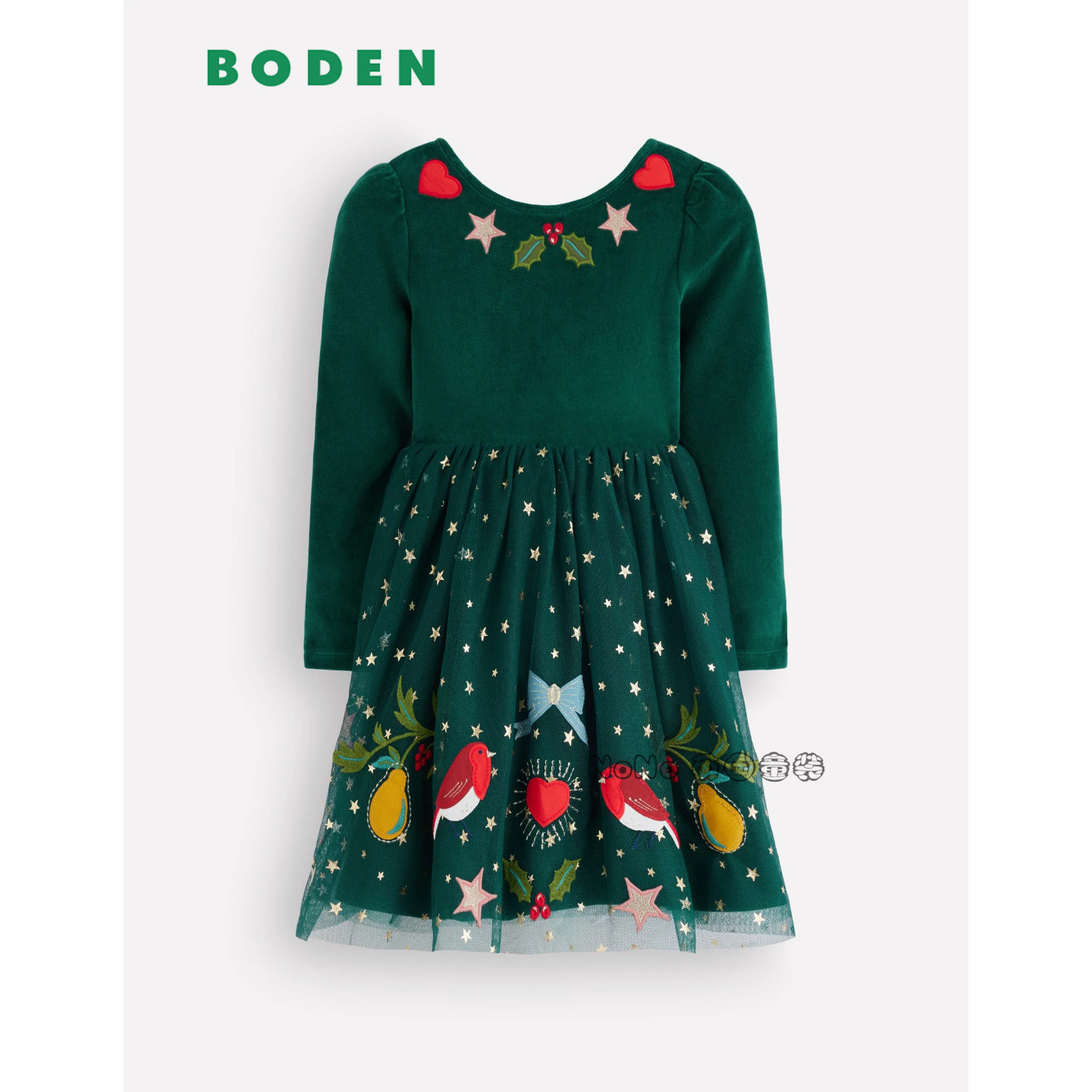 英国Mini Boden女童绿色丝绒知更鸟礼服连衣裙刺绣2-12岁G5580