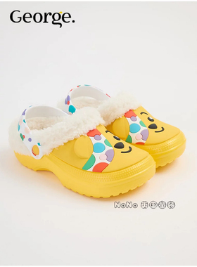 现货英国乔治George儿童黄色联名小熊毛毛洞洞鞋冬季加厚款棉拖