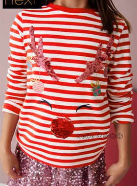 现货英国Next正品女童大童红色条纹圣诞驯鹿长袖亮片T恤A69-691