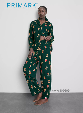 代购英国Primark女款成人大童绿色小熊满印家居服睡衣睡裤开衫