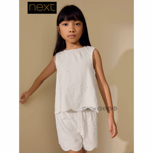 英国Next正品女大童白色刺绣衬衫T恤短裤套装全棉3-16岁V08-597