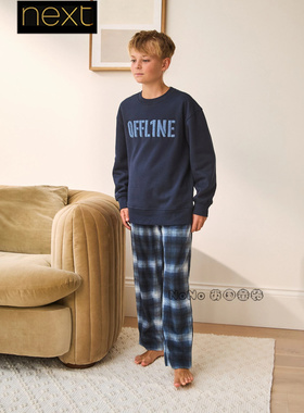 英国Next男大童亲子蓝色格子保暖厚绒家居服睡衣裤3-16岁F70-639