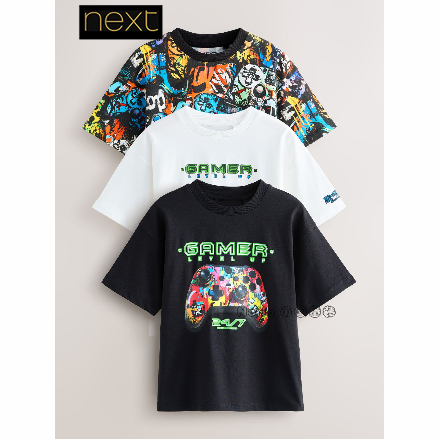 英国Next正品男大童黑彩白色手柄短袖T恤衫纯棉3-16岁新款H49-414