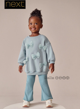 英国Next女童代购蓝色蝴蝶结长裤卫衣休闲喇叭裤套装1-7岁F74-802