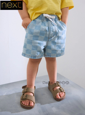 Next代购英国正品儿童蓝色牛仔棋盘格子纯棉休闲中短裤AG7-279